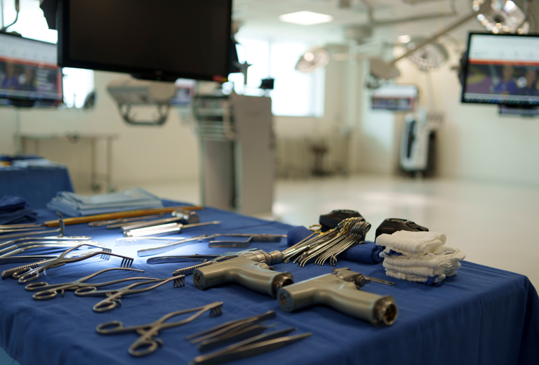 Surgical instruments laid out in the Bioskills Lab